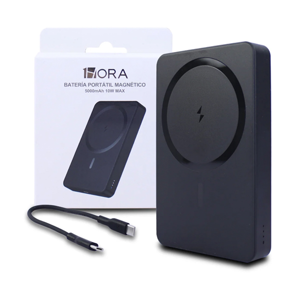 CARGADOR PORTATIL POWER BANK C/MAGSAFE 5000 mAh NEGRO 1HORA