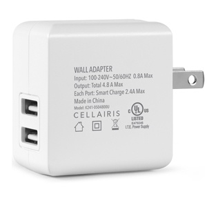 ADAPTADOR DUAL USB PARA PARED CARGA RAPIDA (4.8 AMP) CELLAIRIS 04-0150055