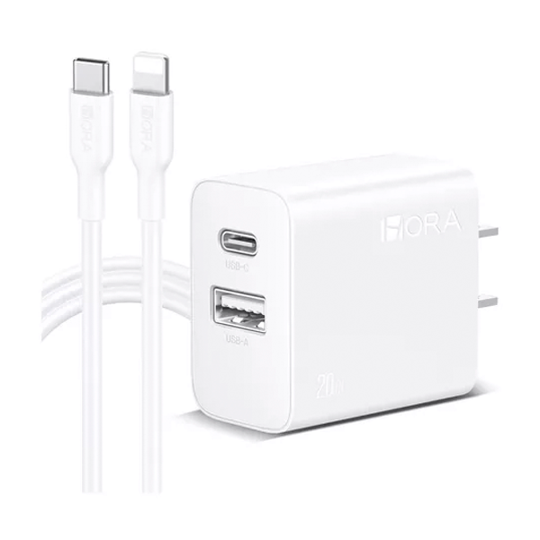CARGADOR DE PARED DUAL TIPO C/USB-A 20W/SALIDA LIGHTNING 1HORA