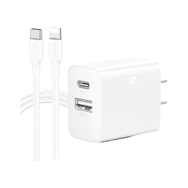 CARGADOR DE PARED DUAL TIPO C/USB-A 20W/SALIDA TIPO C 1HORA