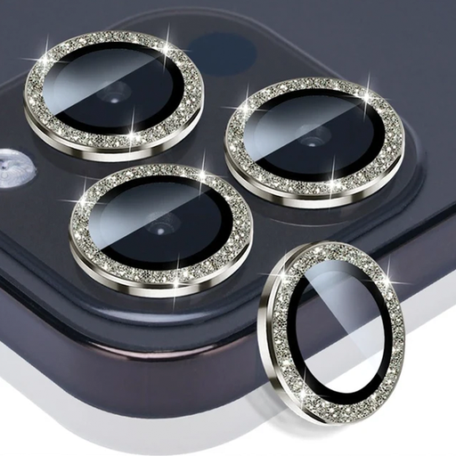 [840000013289] PROTECTOR CAMARA CRISTAL TEMPLADO IPHONE 15 PRO/15 PRO MAX GLITTER PLATA
